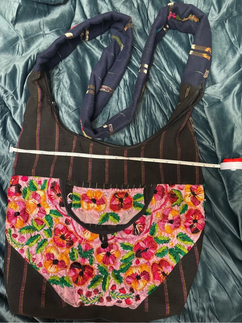 Embroidered Floral Black Hobo Bag with Pink Accents